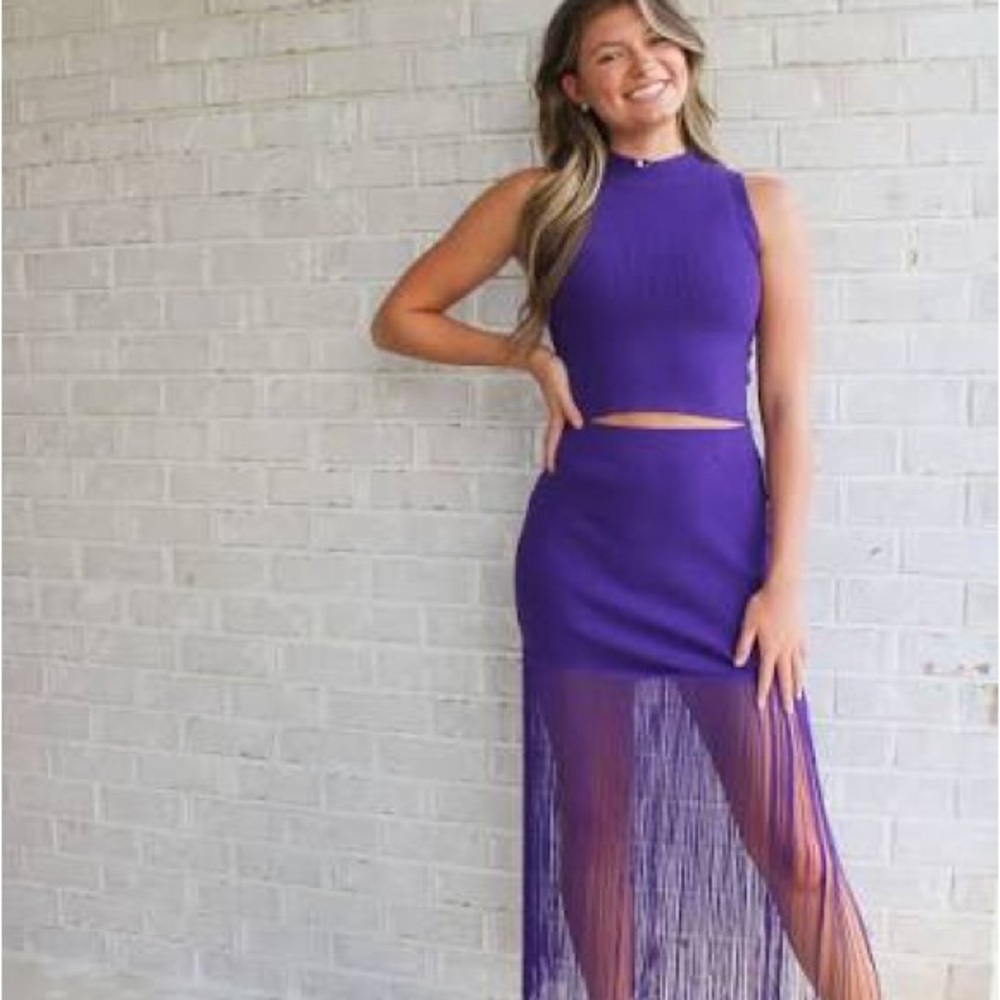 Vibrant Purple Knit Skirt Set with Fringe - Picture 3 of 3